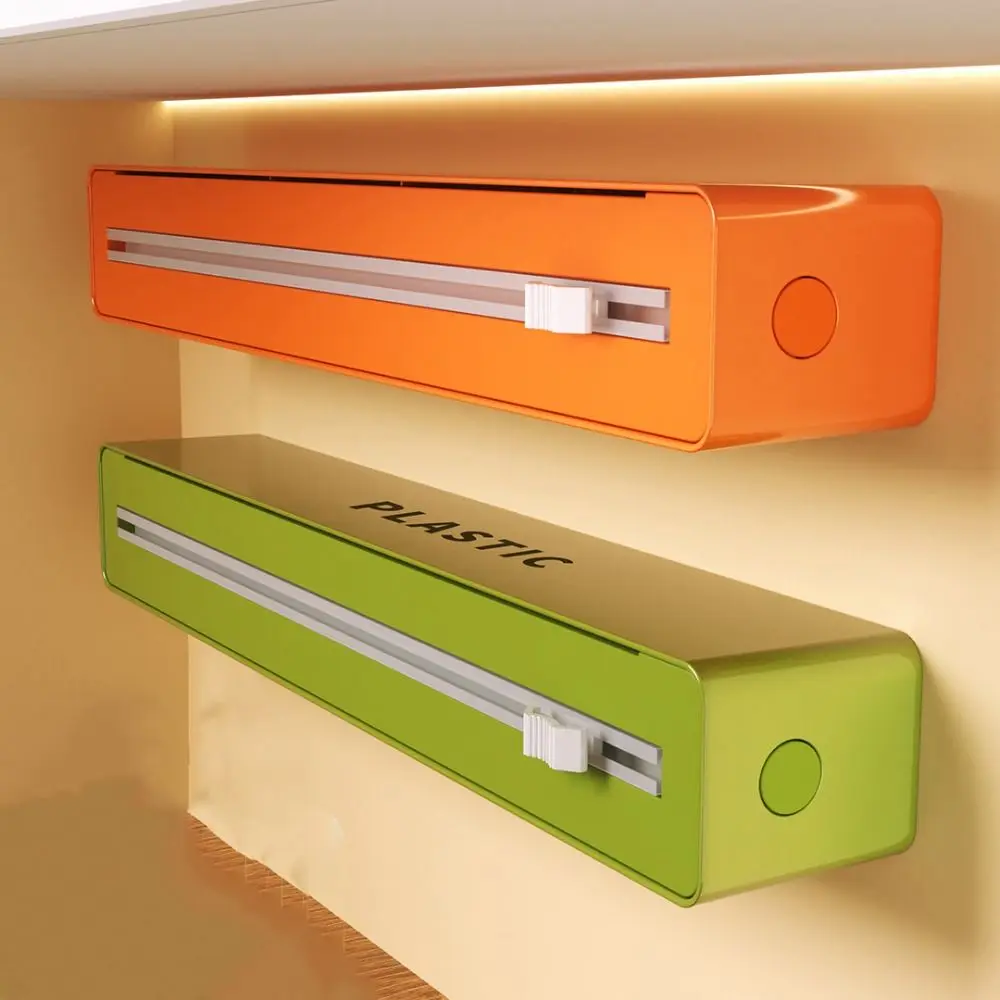 Wall-mounted Magnetic Cling Film Cutting Box Solid Color Space-saving Plastic Wrap Dispenser Dustproof with Slide Cutter