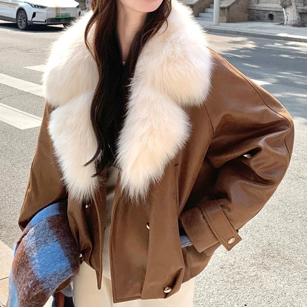 

Caramel color big fur collar fur integrated down jacket women's winter 2025 new Maillard high-end casual thick coat