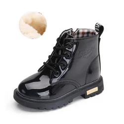 Nuove scarpe per bambini autunno inverno caldo ragazzi stivali moda bambino chelsea stivali ragazza bambino in pelle verniciata stivaletti in cotone scarpe da neve