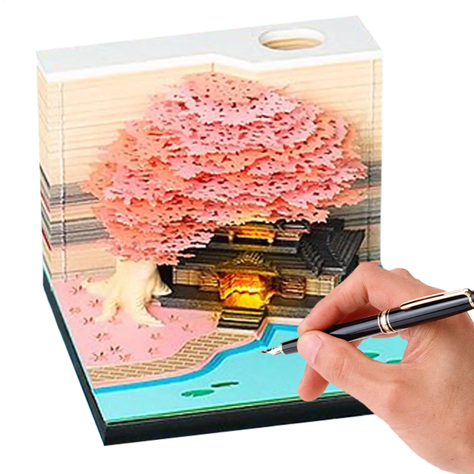 3Dカレンダー 2026年 ティアアウェイカレンダー 花の木の家デザイン アートメモ帳 ライト付き ティアアウェイメモ クラスルーム 休日 通勤用