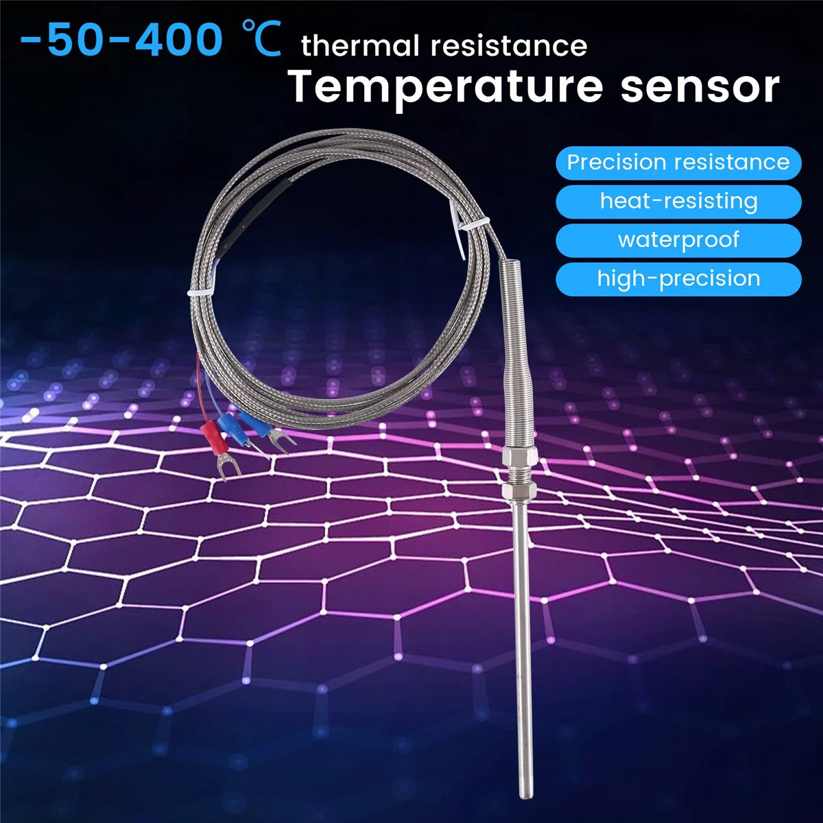 Steel Temperature Probe Pt100 RTD Sensor Cable 2M 98 mm 3 Wires -50 ~ 400 Celsius