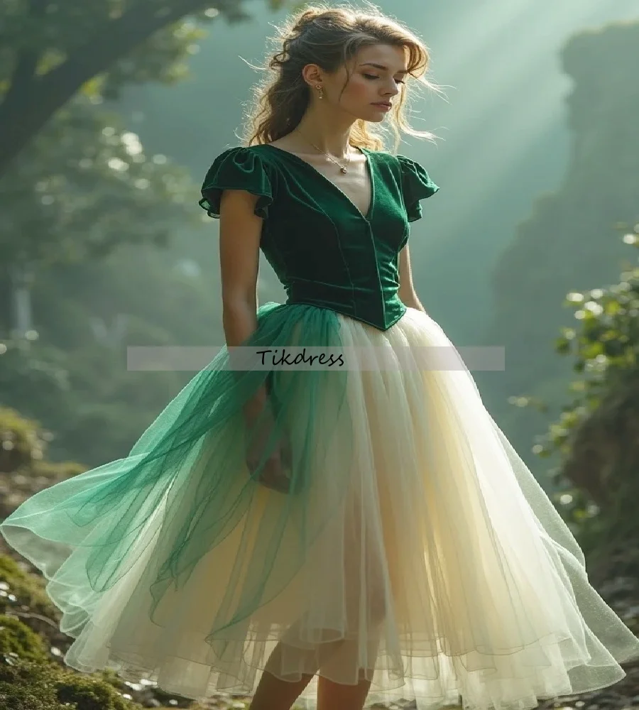 

Cottagecore Forest Fairy Prom Dress Cap Sleeve V Neck Velvet Evening Dress 2025 Tea Length A Line Cocktail Party GownCustomized