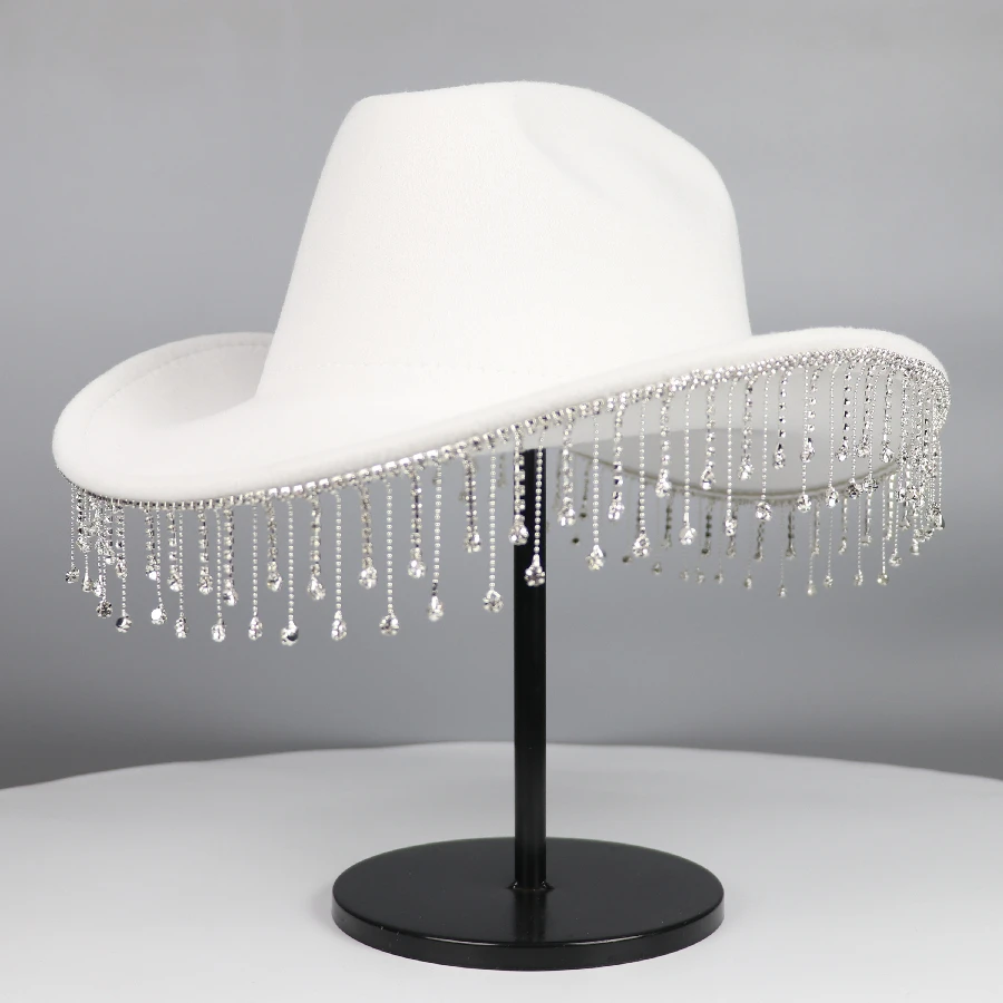 Rhinestone Tassel Vintage Fedora Cap Trend Cowgirl Jazz Hat Unisex Boho Felt Hat For Women Men