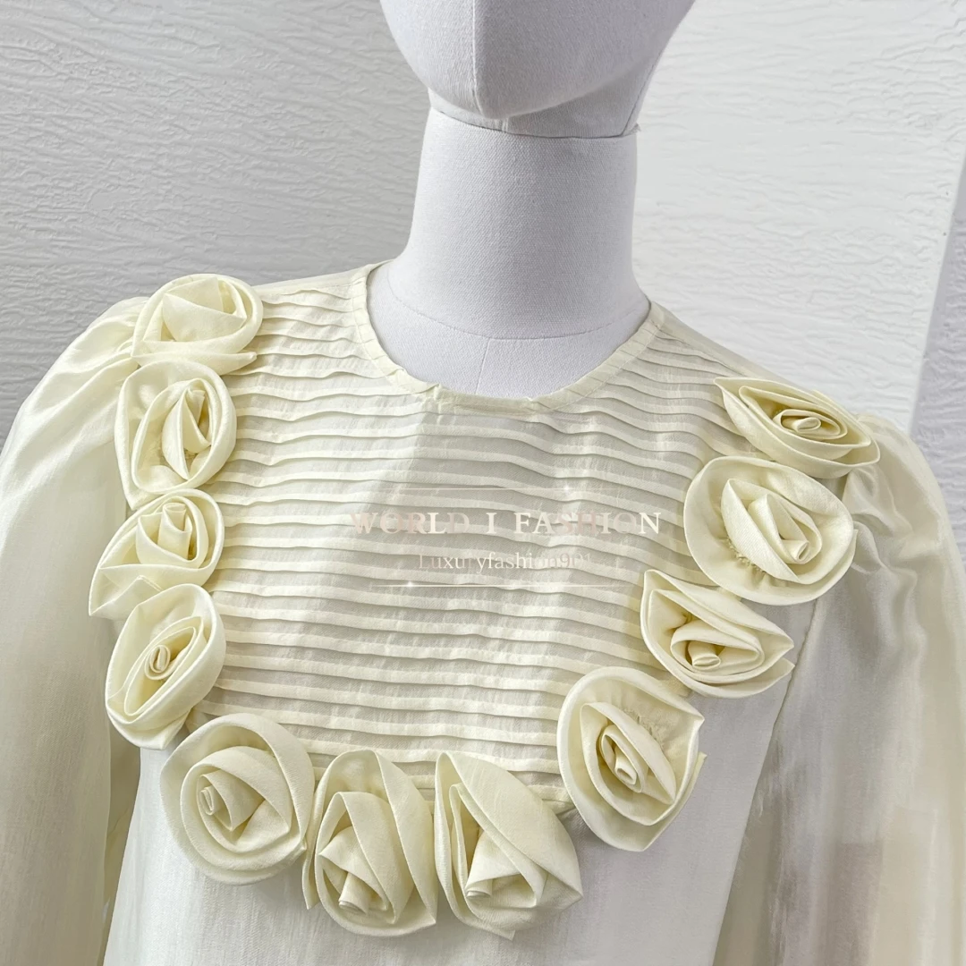 2025 Wysokiej jakości bluzki z długim rękawem w kwiaty z aplikacją w kolorze białej moreli