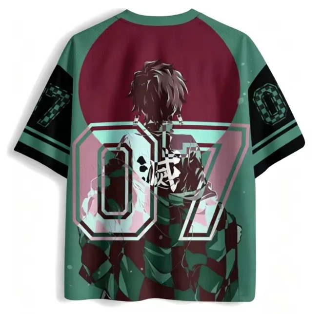 Demon Slayer Blade Charcoal Jiro Green Black Contrast Mesh Shirt Red Round Sunset Background Anime Trendy Wear Casual T-shirt