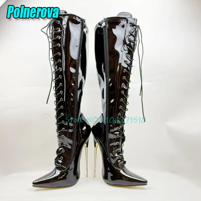 مثير براءات الاختراع والجلود 18 سنتيمتر عالية الكعب عبر حزام أشار تو الجانب سستة الإفراط في الركبة الأحذية الأوروبية والأمريكية النساء الأحذية