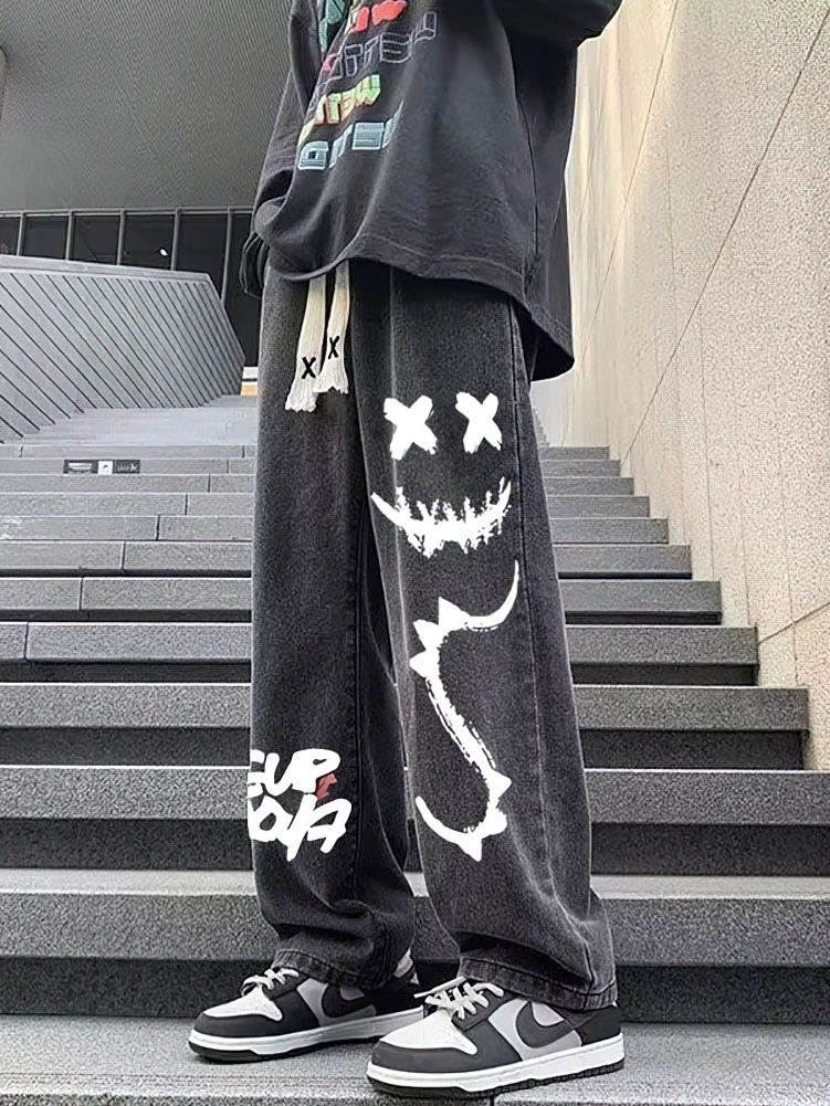 مطبوعة الأسود فضفاض الجينز السراويل الرجال مستقيم كبير الحجم الرسم عادية واسعة الساق الدنيم السراويل الطويلة الكورية الرباط Sweatpants #1