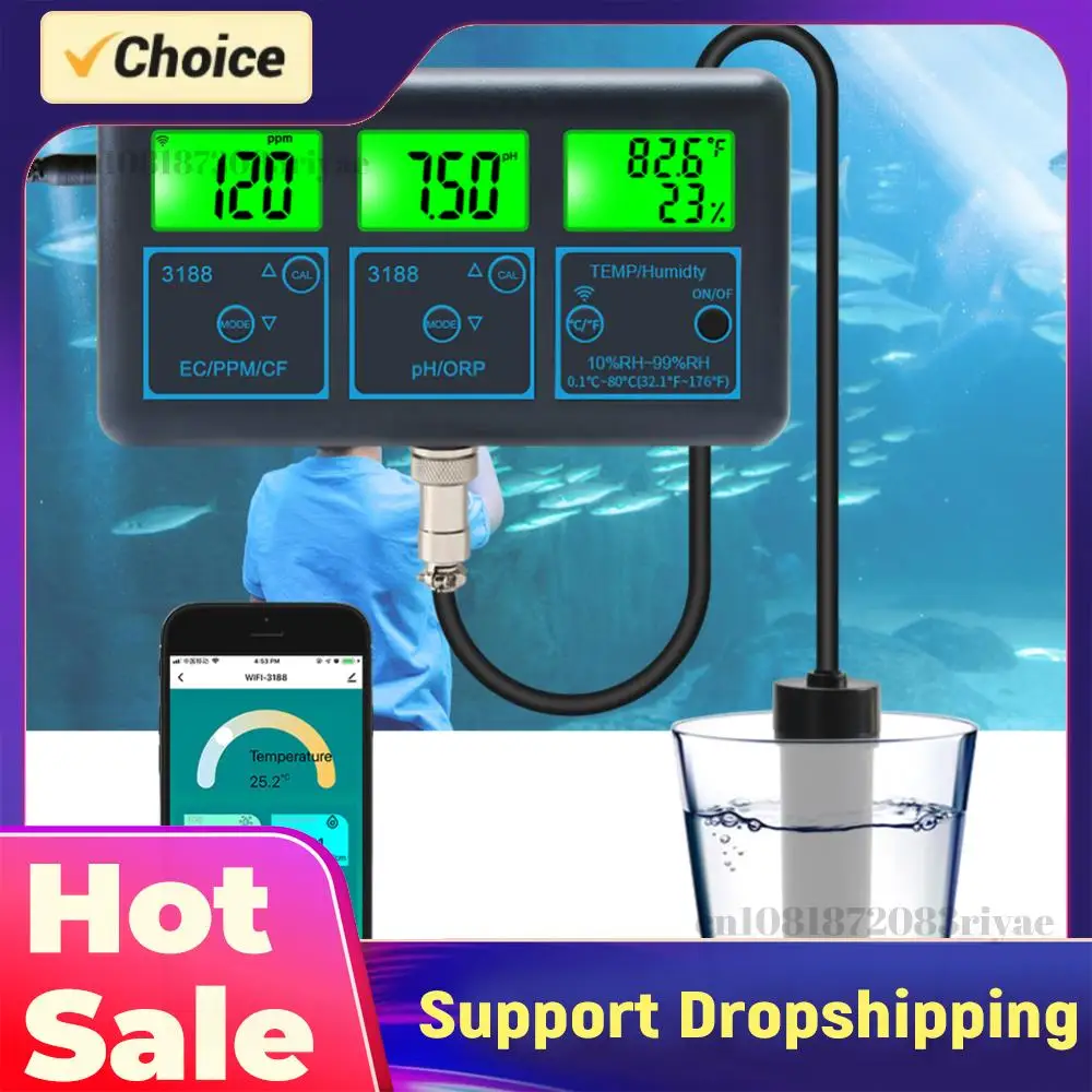 

WiFi 7 in 1 Water Quality Monitor PH ORP EC PPM CFR Humidity Temperature Water Quality Test Gauge Water Tester for Swimming Pool