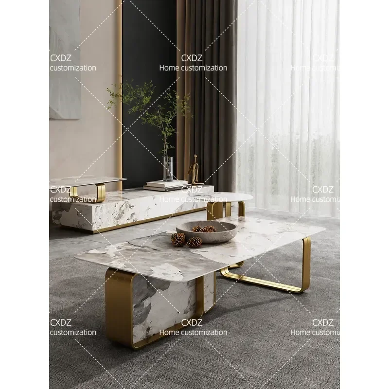 Modern Rectangular Coffee Table Set with Sintered Stone Top and Electroplated Base Luxury Living Room Furniture for Small