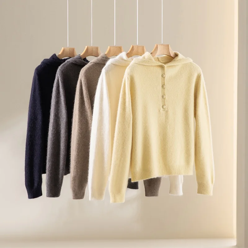 Birdtree,Wool Blended Warmth Sweater,Women Knitted Basics Solid Coat,Hooded, Full Sleeve, 2025 Autumn Casual Pullover T5D109JF