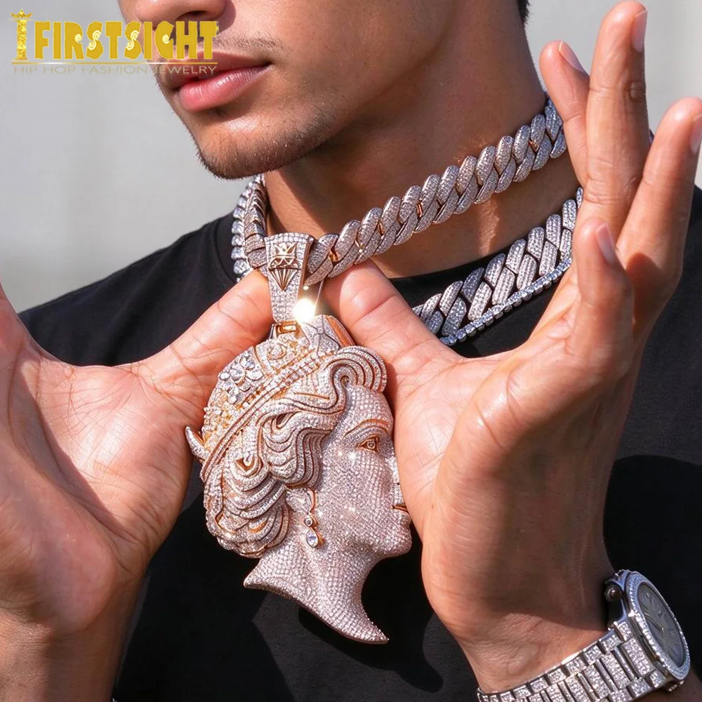 New Iced Out Bling Queen Head Pendant Silver Color Full CZ Paved Crown Hair Vintage Crown Necklace Hip Hop Jewelry Men Women