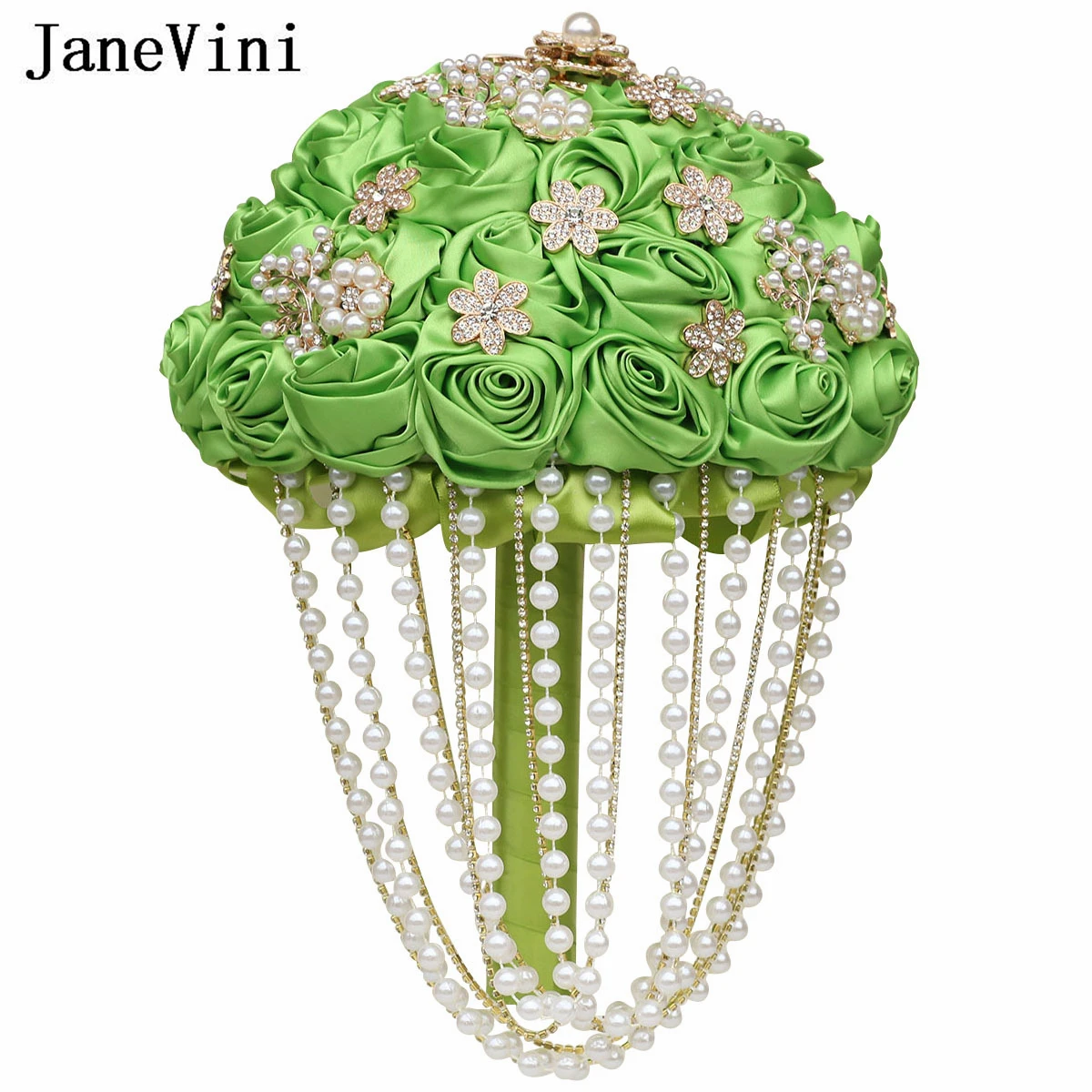 JaneVini Luxurious Green Rhinestones Crystal Wedding Bouquets for Bride Burgundy Layered Pearls Tassel Bridal Artificial Flower