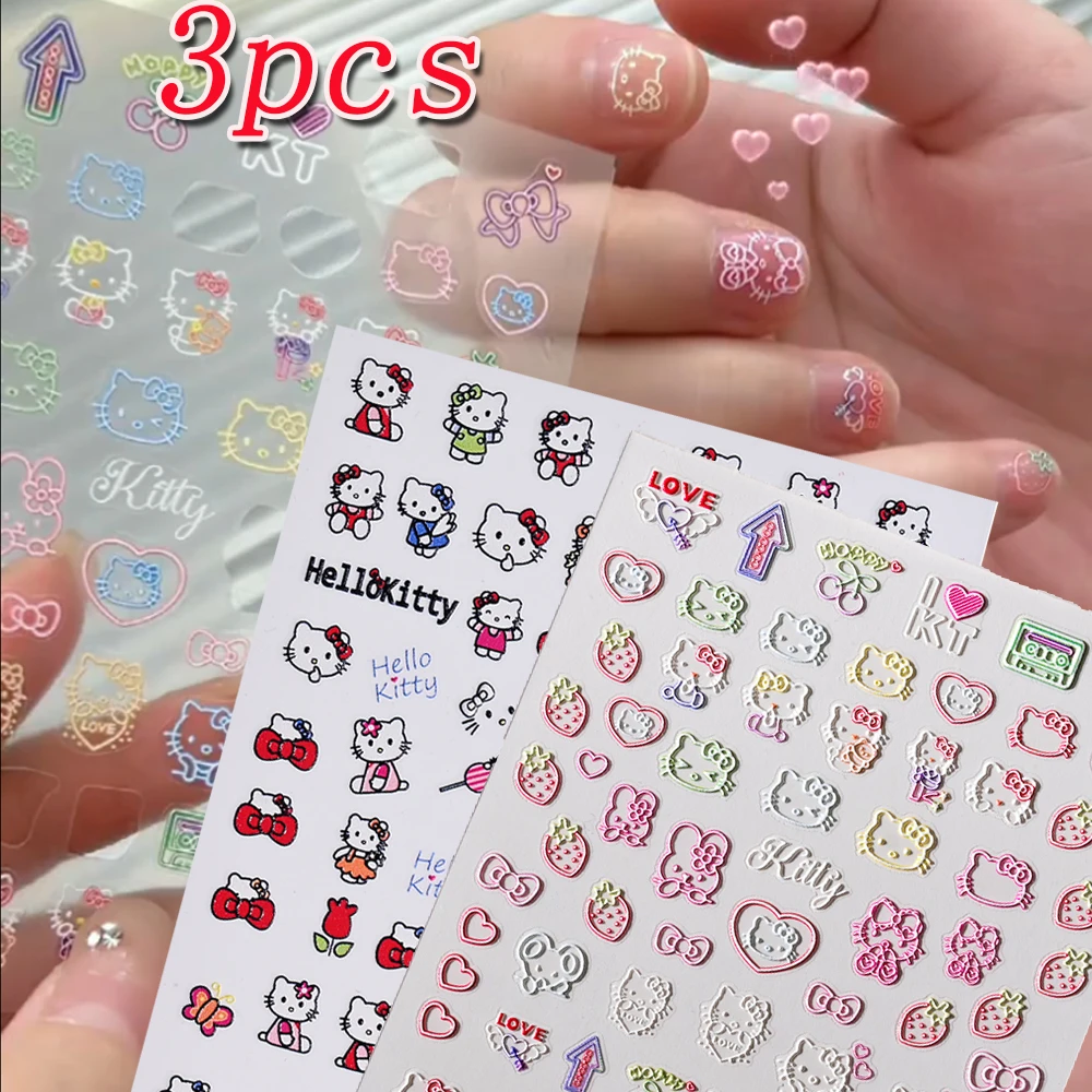 3 Pz/lotto 5D Rosa Rosso Blu Hello Kitty Adesivi Per Unghie In Rilievo Sveglio Del Fumetto Kitty Gatto Arco Decalcomanie Per Unghie Kawaii Kitty Manicure Slider