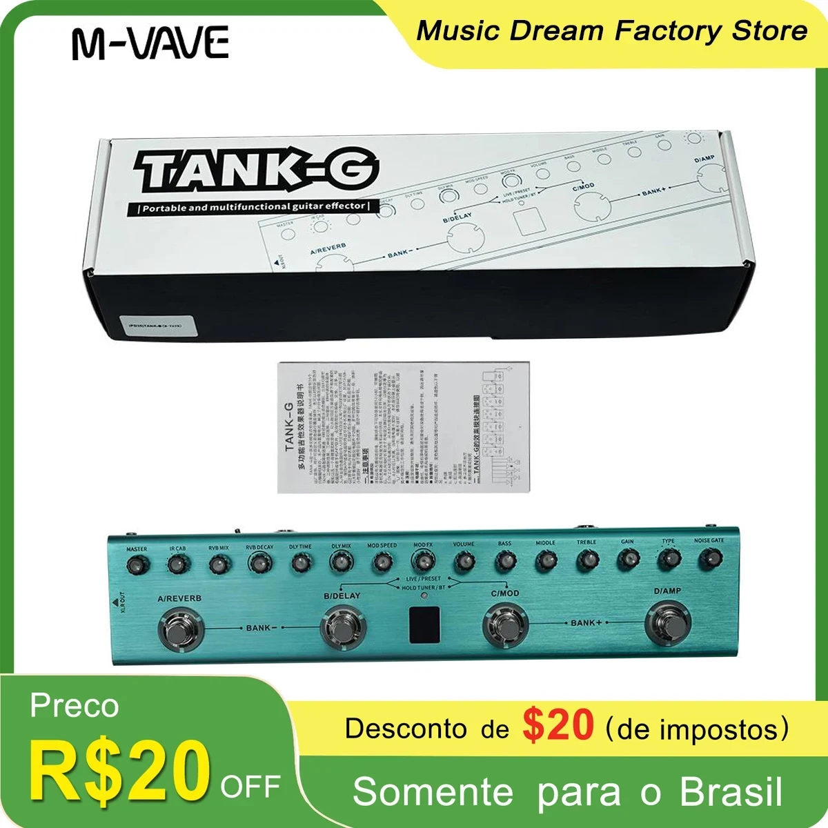 M-VAVE Tank-G Guitar Multi-Effects Pedal Rechargeable 36 Presets 9 Preamp Slots 8 IR Cab Slots 3 Modulation/Delay/Reverb Effects