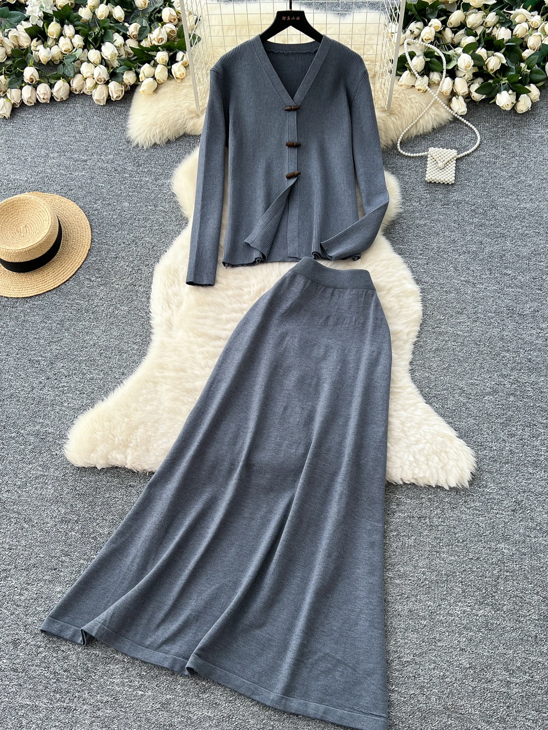 Ele Two-Piece Women's Autumn Faion Set V-Ne Long Sve Knitted Top High Waist  Skirt Versatile Soft Sle