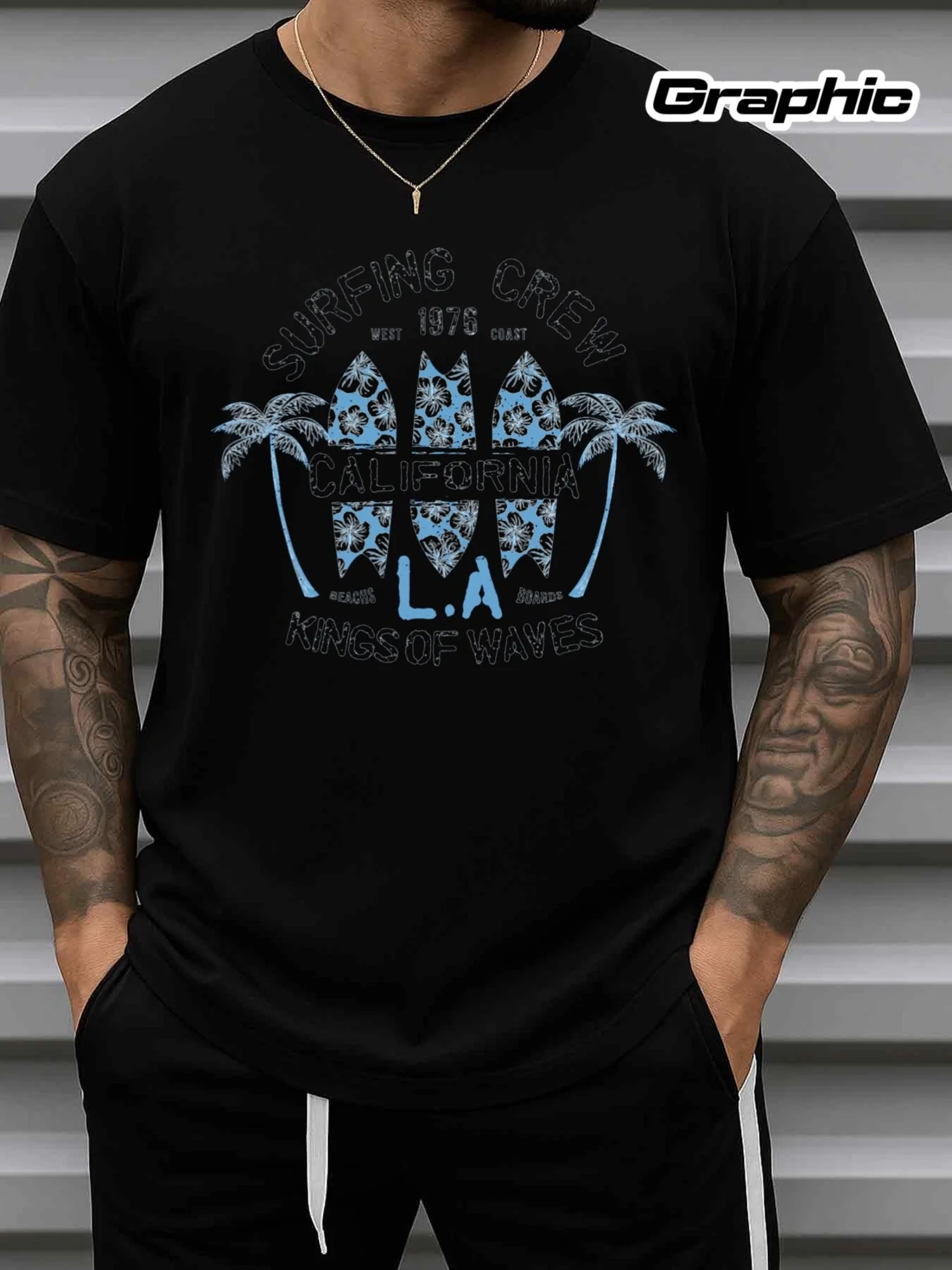 Men's Surfing Los Angeles Style Printed T-Shirt - Pure Black Model with La Skyline, Surfboard, and Palm Tree Designs - Casual Short-Sleeve Round-Neck Design, Suitable for Surfing, Beach Life, and Everyday Wear