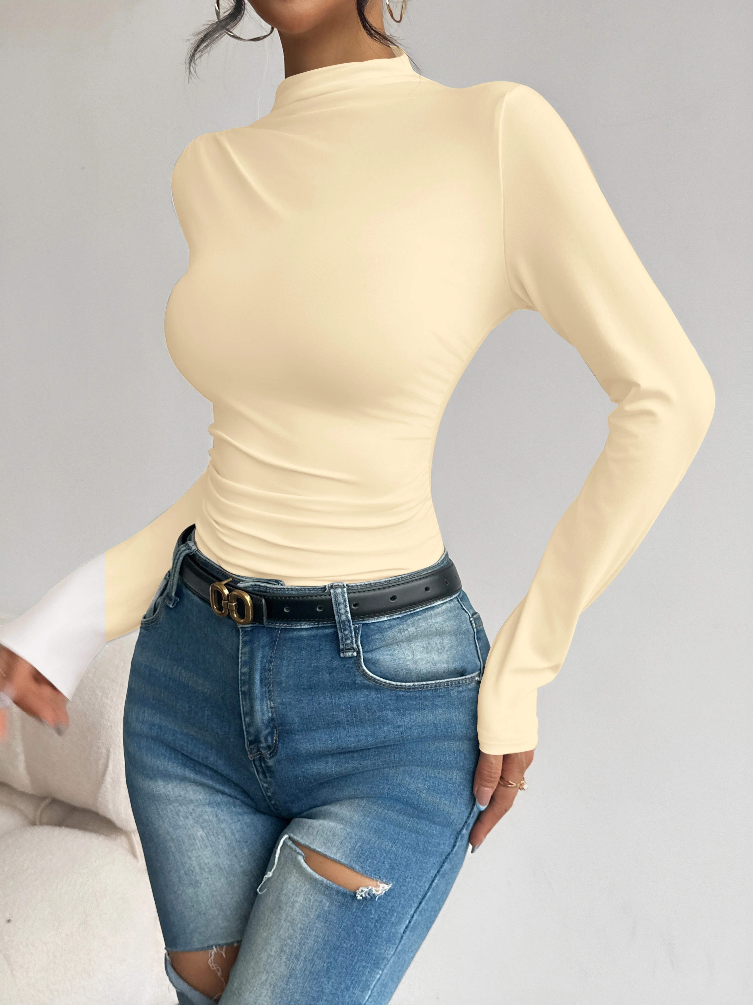 Halbhoher Kragen, plissierte Taille, schlank machendes, langärmliges Basic-Shirt für Damen, vielseitiges Oberteil für Frühling und Herbst. – Detail 8