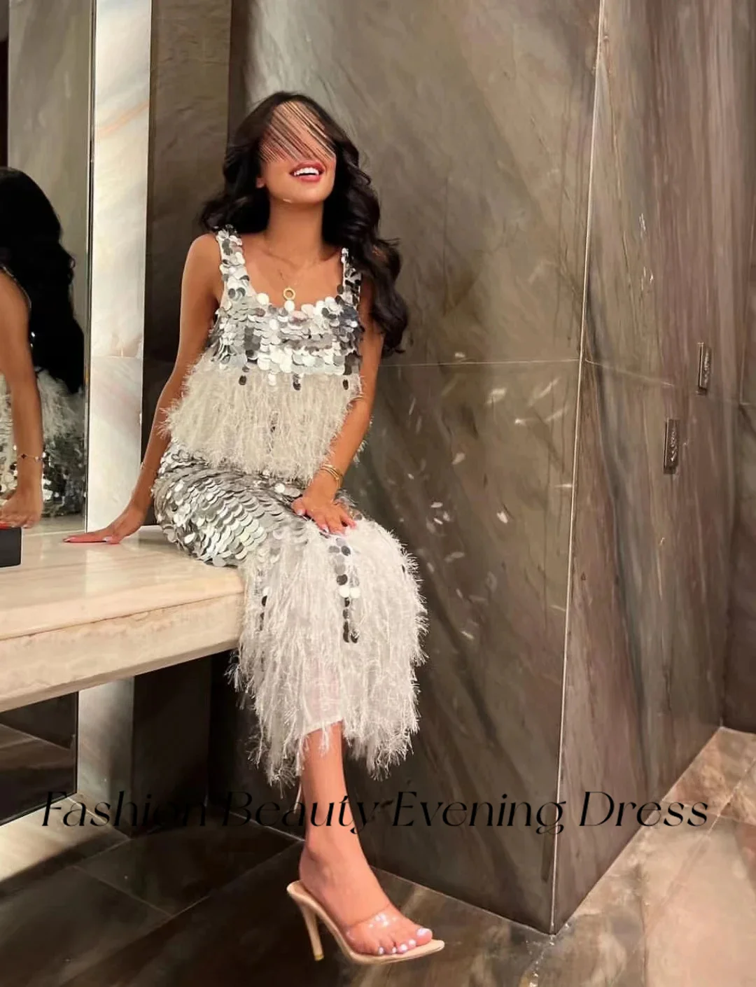 Fashion Beauty Sequin Feathers Evening Dress Women Spaghetti Ankle-Length Mermaid Elegant Formal Party Dress 2024 فساتين الحفلا