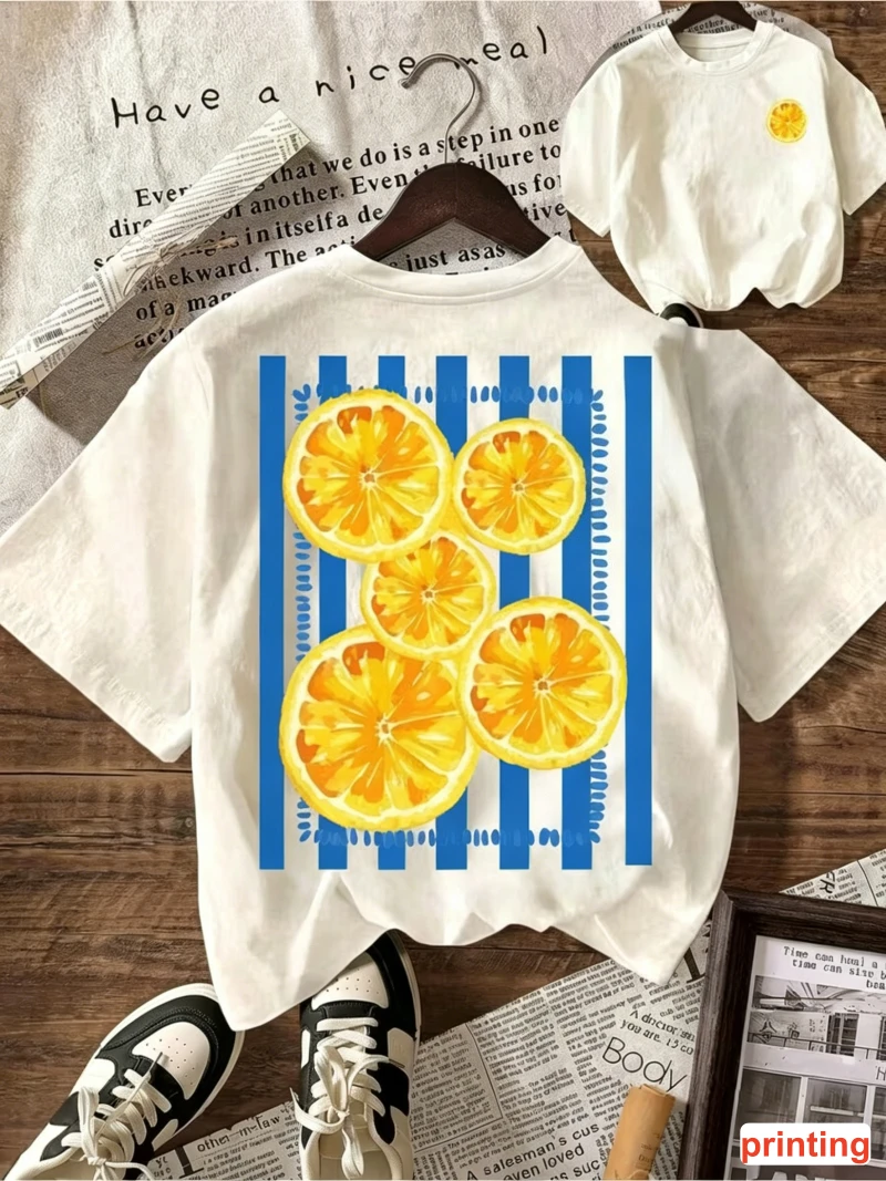 Vibrant Citrus Stripe Sketch Print Tee Crew Neck Short Sleeve White Loose Fit Casual Blouse For All-Season Sunny & Fresh Outfits