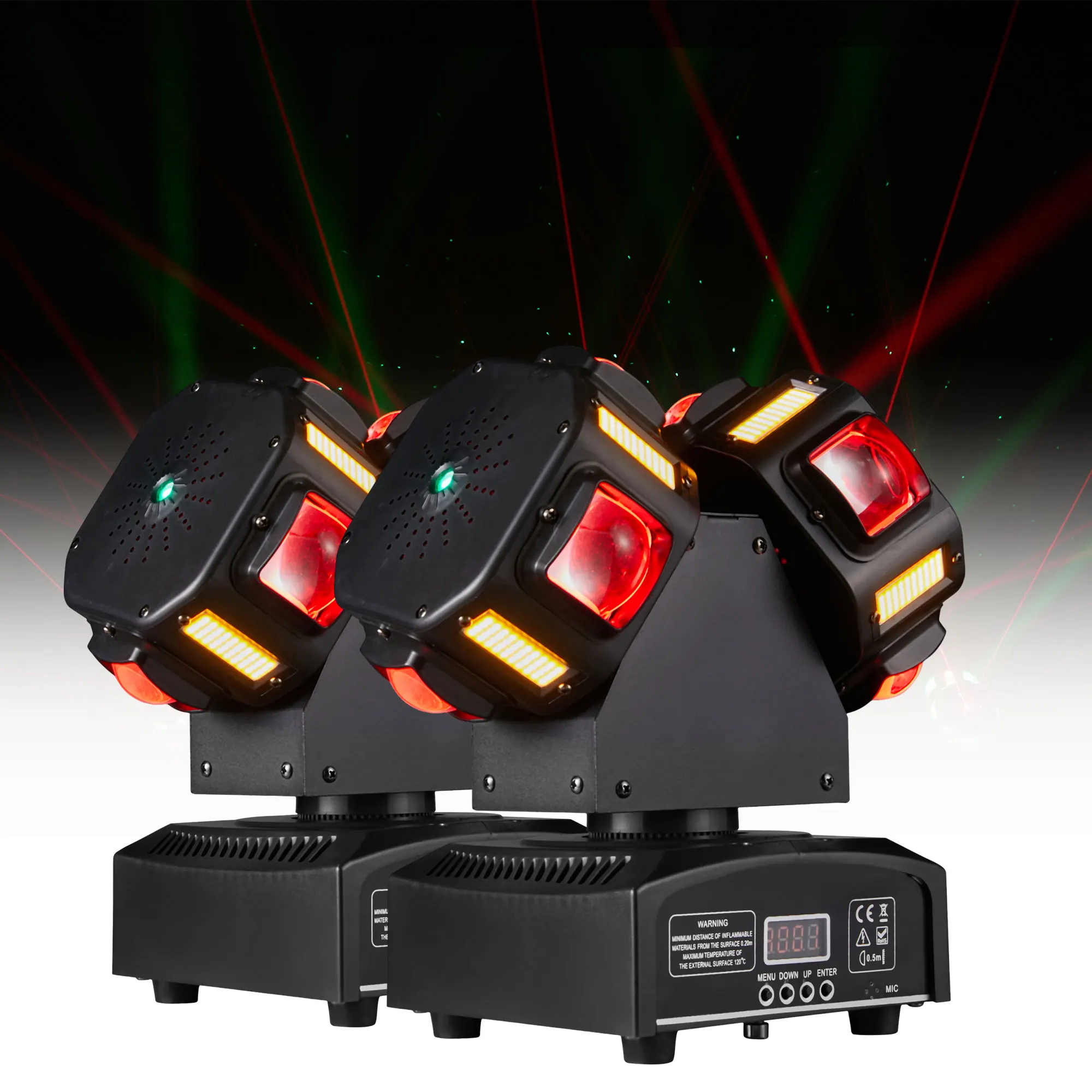 2 pièces, projecteur LED double tête 3-en-1 (beam, strobe et laser), 8x12W RGBW, 8x5W laser doré, rouge, vert, effet étoile, lumières DJ