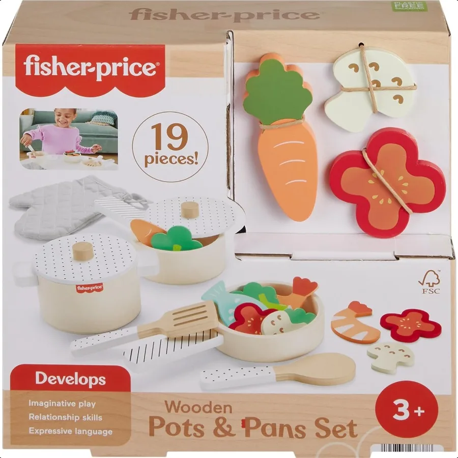 

FisherPrice Деревянная кухонная игрушка для ролевых игр, кастрюли, набор сковородок, 19 предметов, игровой набор, деревянная металлическая ткань для дошкольников, детей от 3 лет