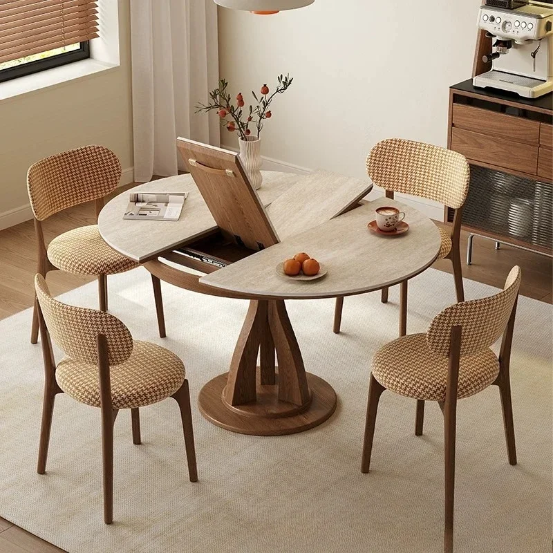 Travertine sintered stone solid wood telescopic round dining table, variable oval stretch, multifunctional foldable