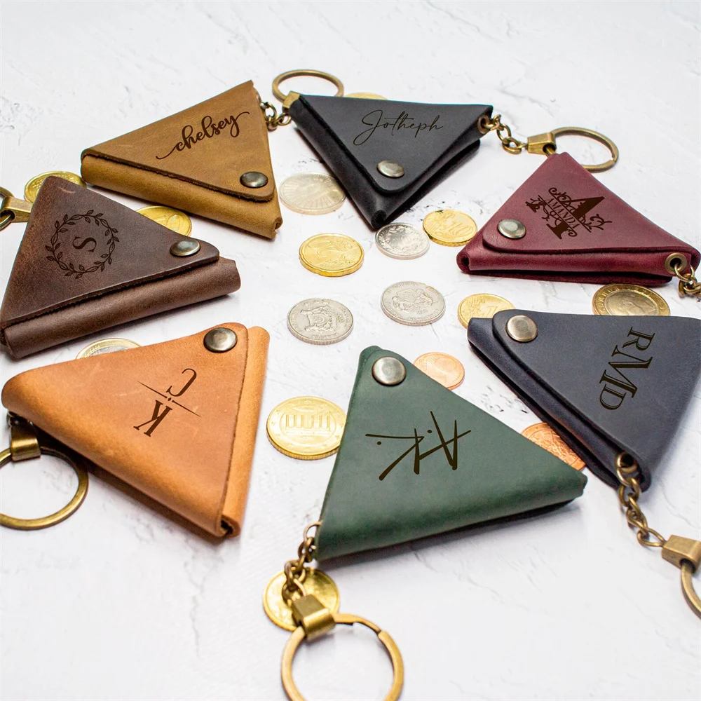 Personalized Leather Triangle Сoin Purse, Leather Coin Pouch, Triangle Keychain, Leather Coin Case, Small Coin Wallet