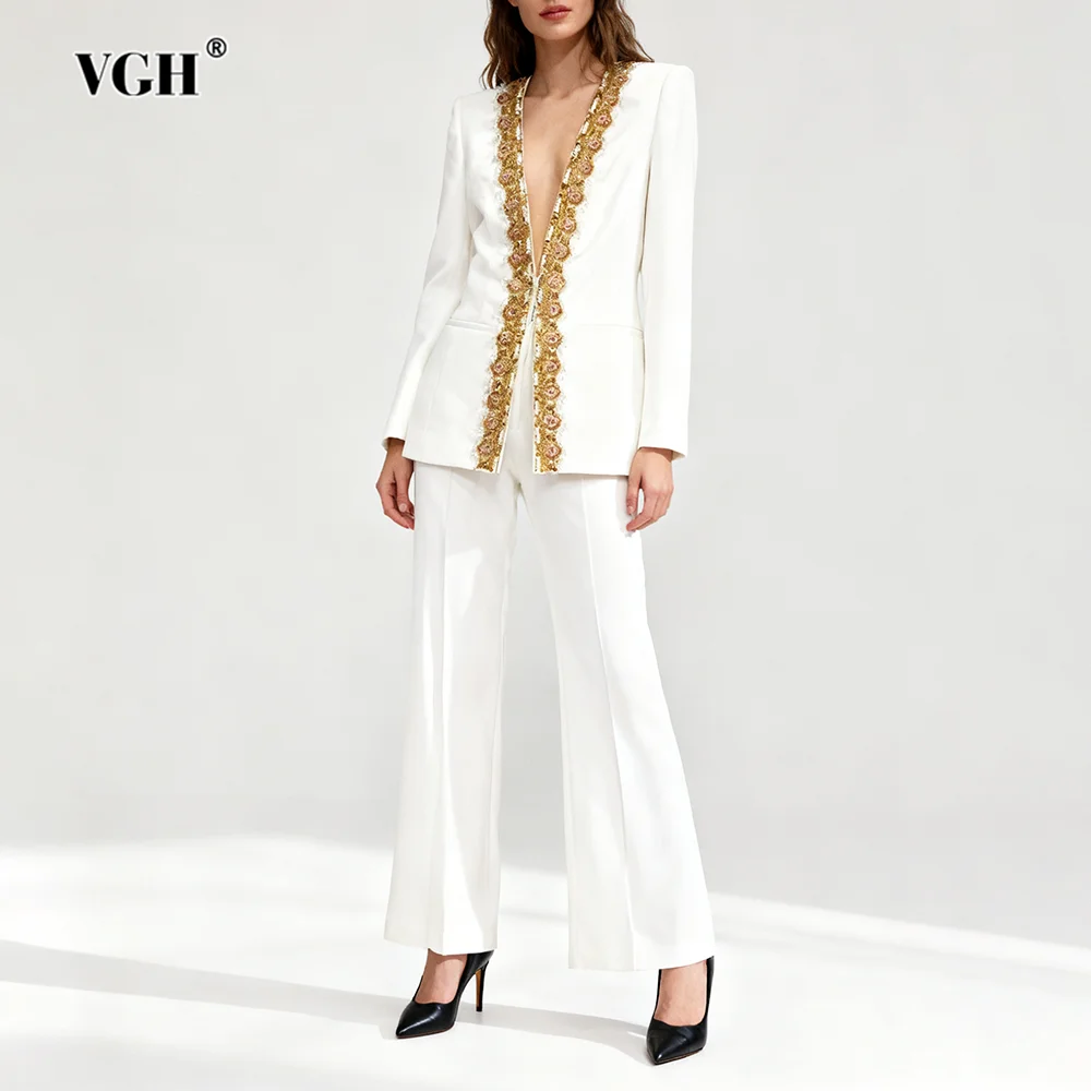 VGH 우아한 럭셔리 솔리드 스플라이스 다이아몬드 투피스 세트 여성용 딥 V넥 긴팔 탑 하이웨이스트 팬츠 시크 세트 여성용