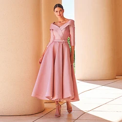 Elegant Pink Mother of the Bride Dresses V Neck 3/4 Sleeves Wedding Party Gowns Bow Satin A-Line Ankle Length فساتين السهرة