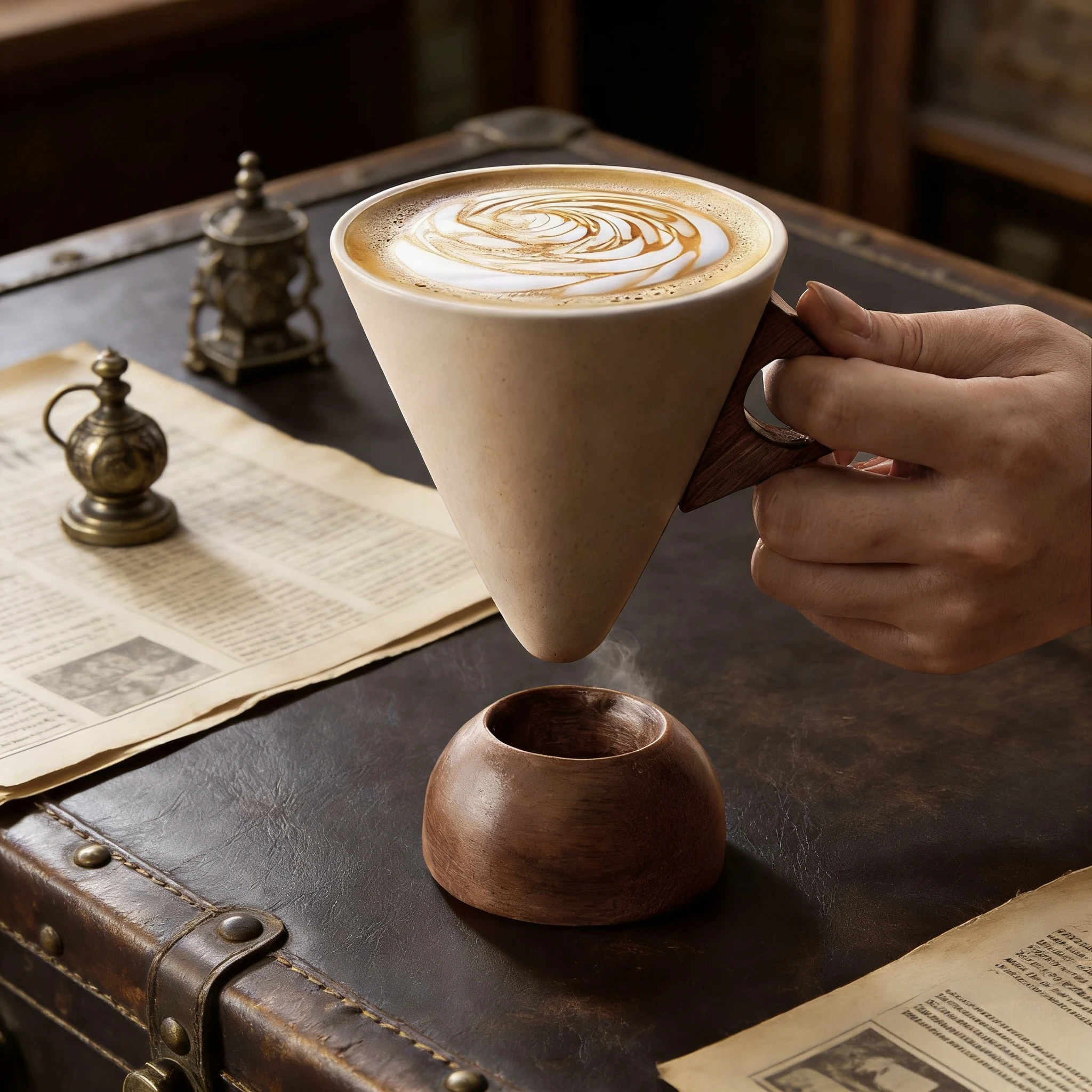 Vintage Funnel Coffee Mug with Wooden Handle & Ball Base, Ceramic Conical Cup for Latte, Americano & Tea