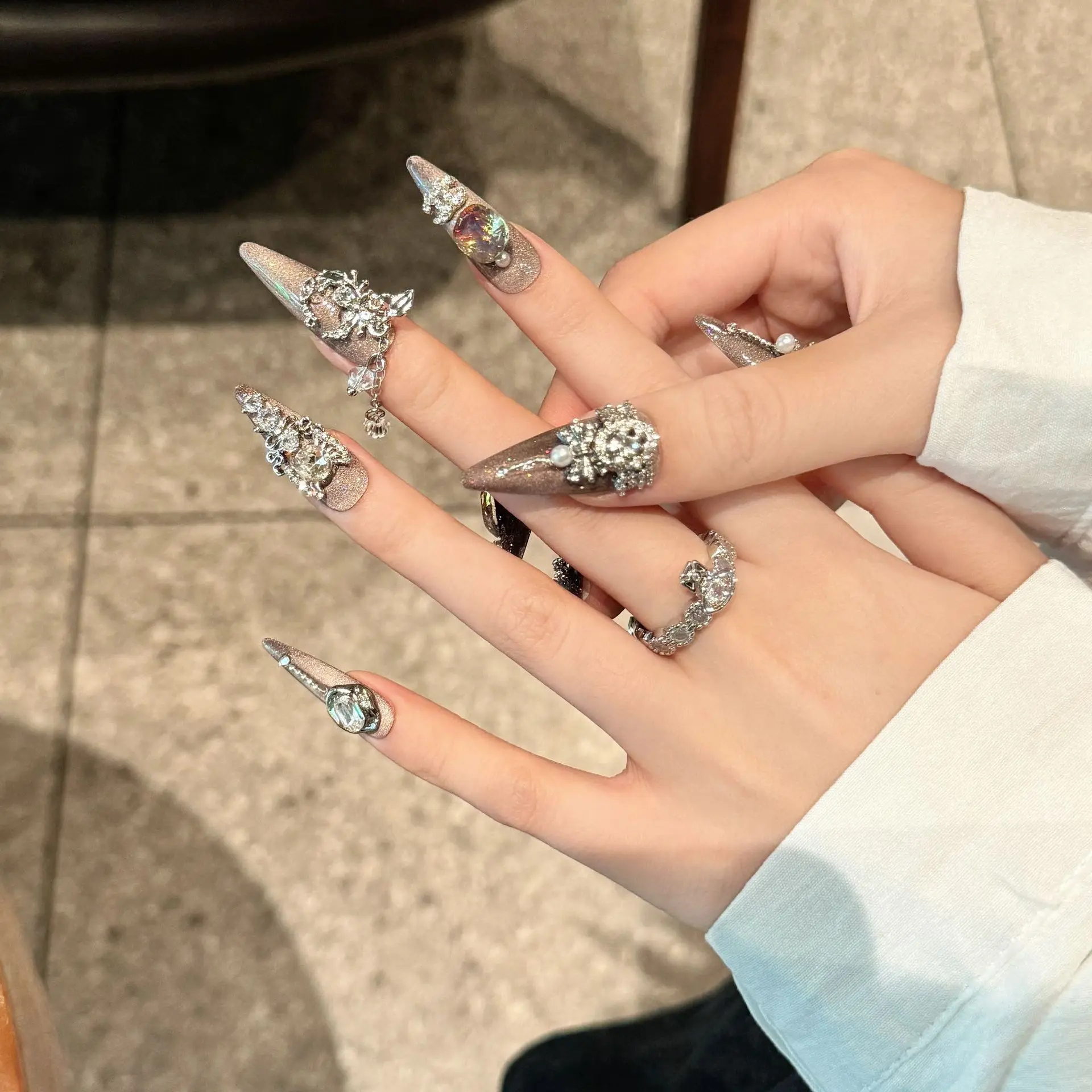 10 peças estrela cheia de luxo imprensa em unhas artesanal sob medida e elegante cheio de diamantes longo lágrima remendos de unhas falsas removíveis