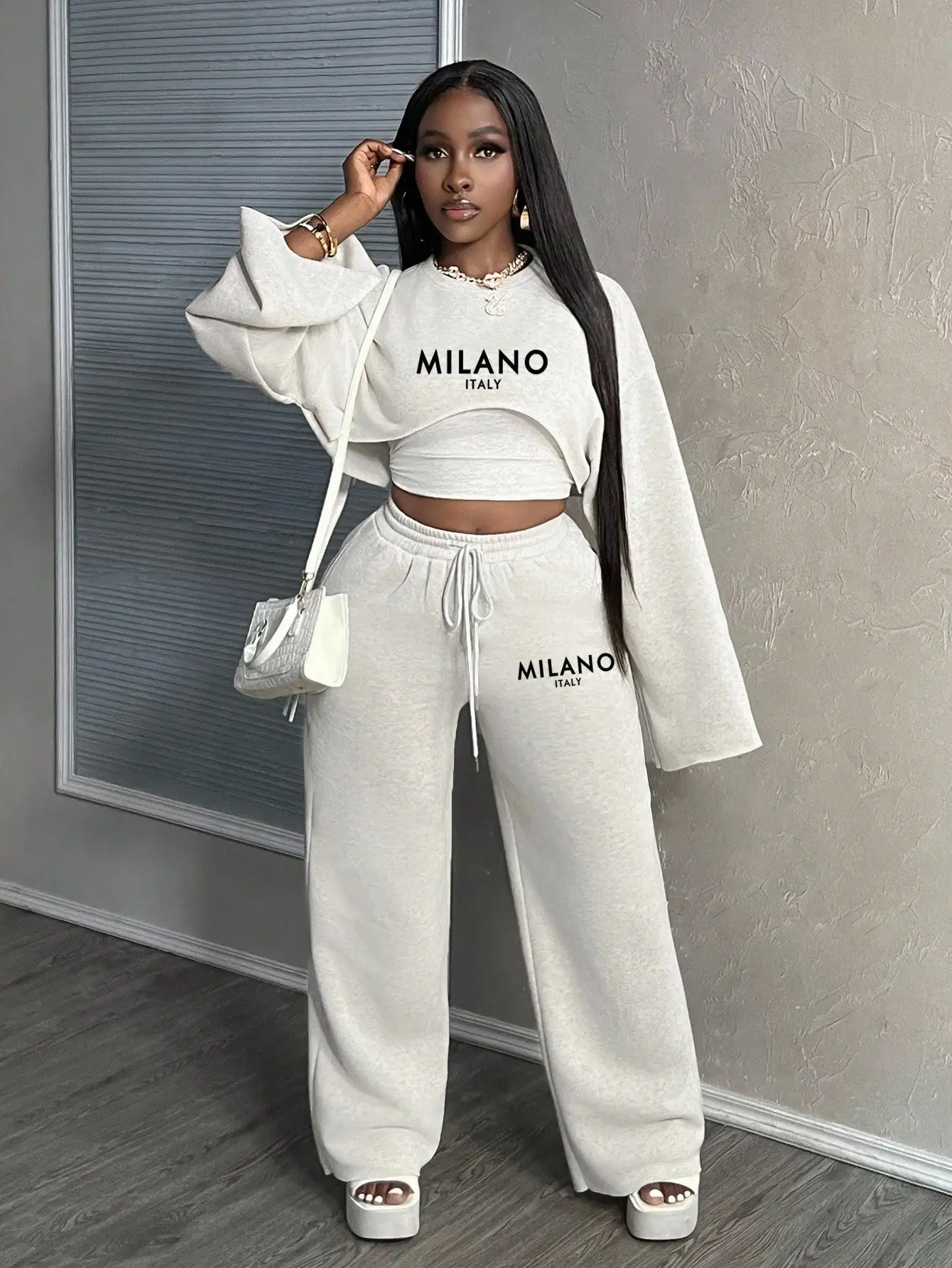 

3-Piece Women's Casual Set: Cropped Long Sleeve Top, Camisole & Wide Leg Sweatpants