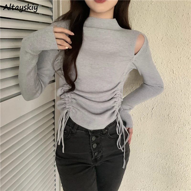

Pullovers Woman Long Sleeve Hollow Solid Off Shoulder All-match Elegant Casual Office Ladies Autumn Simple Trendy Daily Ins New