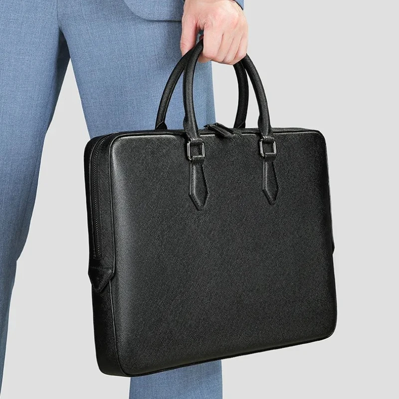 Mens Cowhide Briefcase Material Large Capacity Laptop Bag Genuine Leather Briefcase for Men with Business Style Simple Elegant