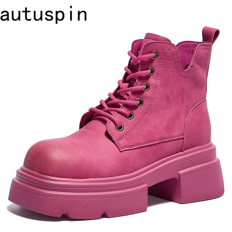 Autuspin 34-40 Women Combat Ankle Boots Solid Color Women Thick Heels Platform Fashion Shoes Outdoor Hike Walk Motorcycle Boots