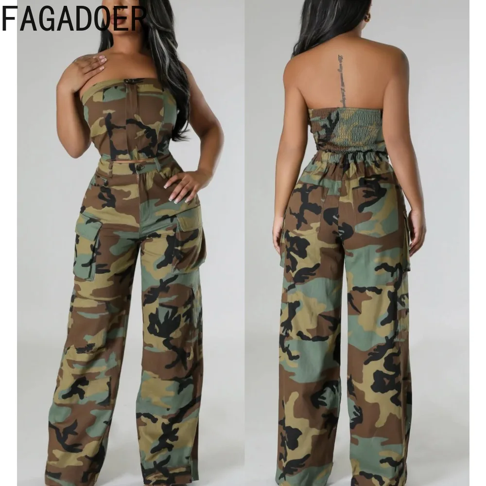 

FAGADOER Fashion Camouflage Print Cargo Pants Two Piece Sets Women Tube And High Waist Button Straight Pants Outfits Streetwear