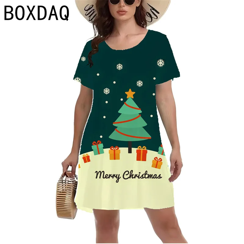 Women Christmas Party Dress Fashion Short Sleeve O-Neck Casual Dress Fun 3D Christmas Elements Santa Claus Print Dress Vestidos