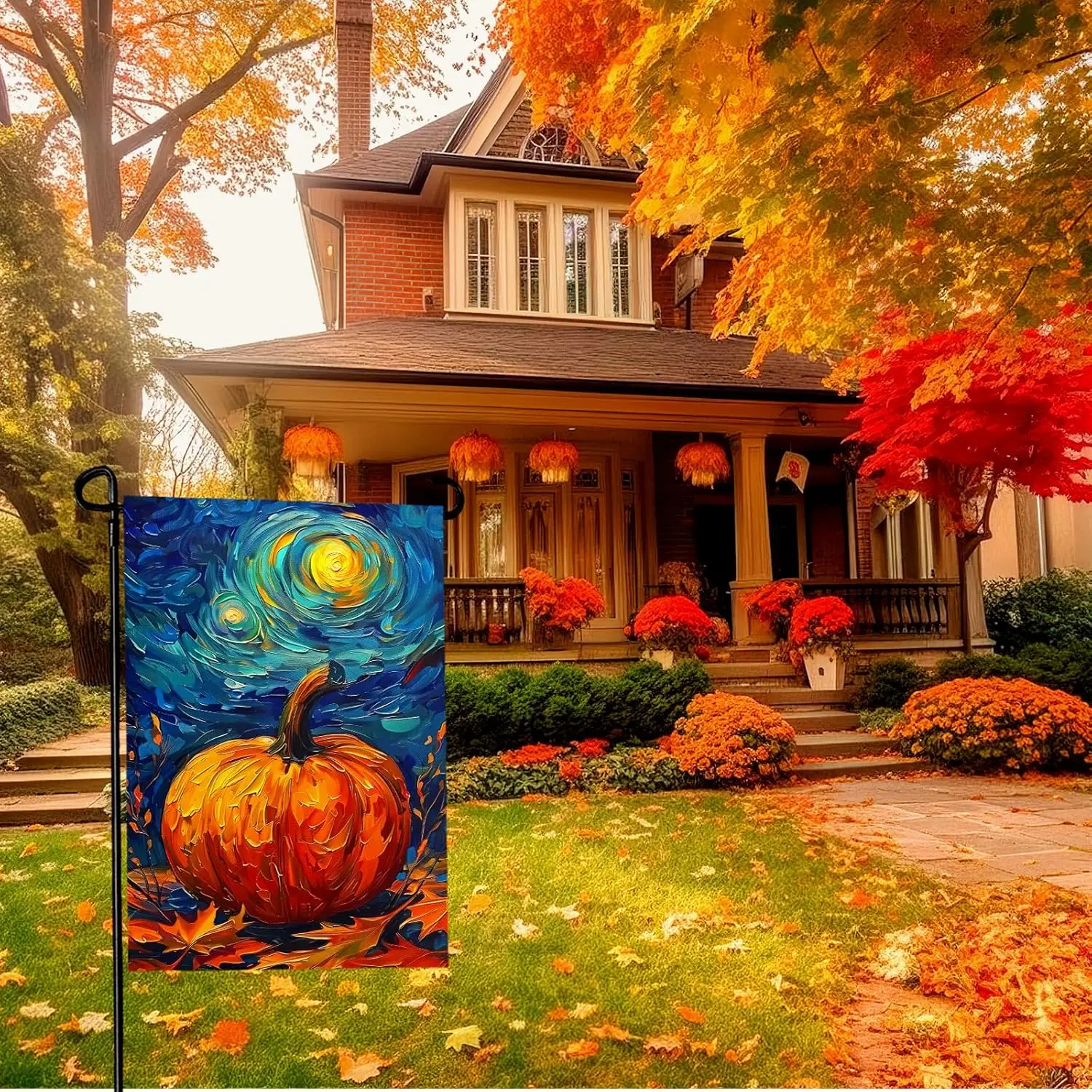 Fall Garden Flag Pumpkin Maple Leaf Yard Flags Van Gogh Garden Flags Art Starry Night Sky Moon Garden Flags Autumn Harvest Thank