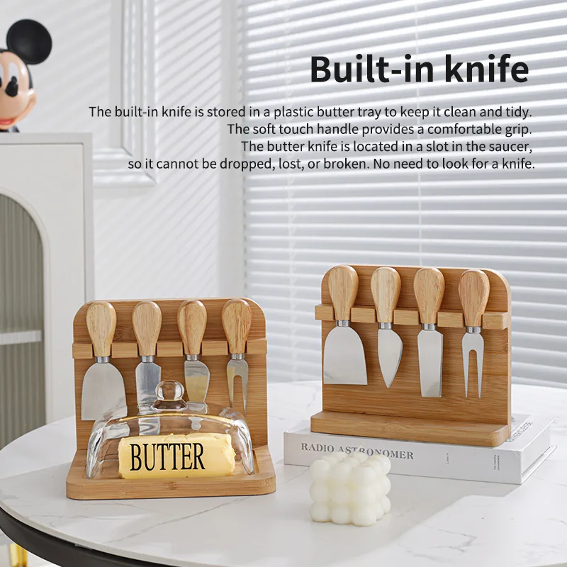 Rectangular Glass Butter Dish with Lid,Bamboo Storage Rack with Cheese Knives Set, Multi-functional Cheese Board & Butter Keeper