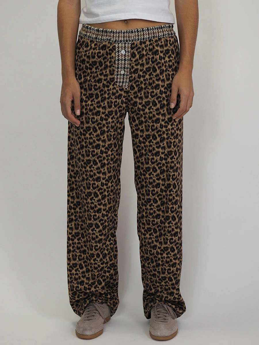 

Womens Long Pants Elastic Waistband Leopard Houndstooth Print Single-breasted Casual Trousers Streetwear