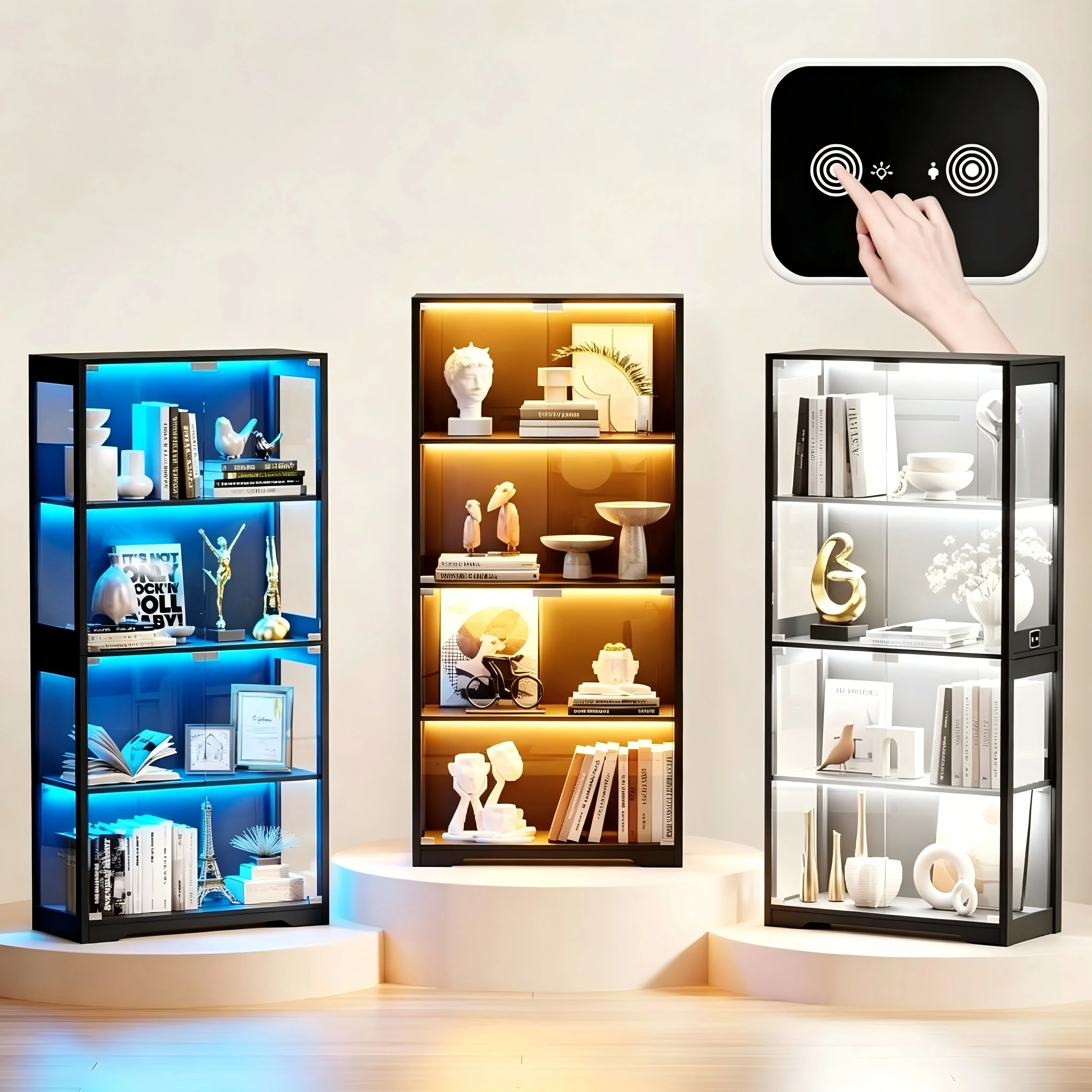 

BROTTAR Human Body Sensor Display Cabinet, 4-Tier Modern Glass Curio Cabinet with Glass Doors Dimmable 3-Color LED for Living Ro