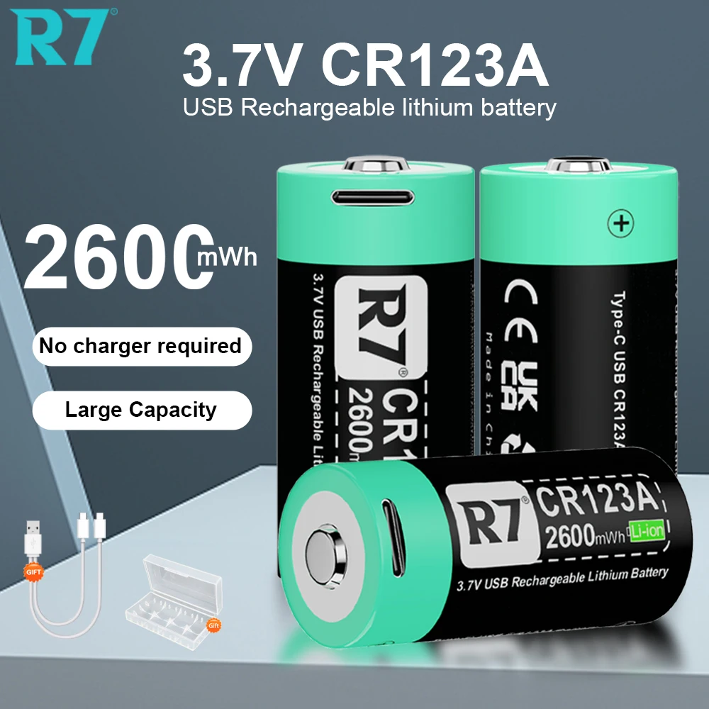 

R7 CR123A 3.7V 2600mWh rechargeable 16350 batteries Li-ion cr123a USB 16340 battery +Type-c Cable