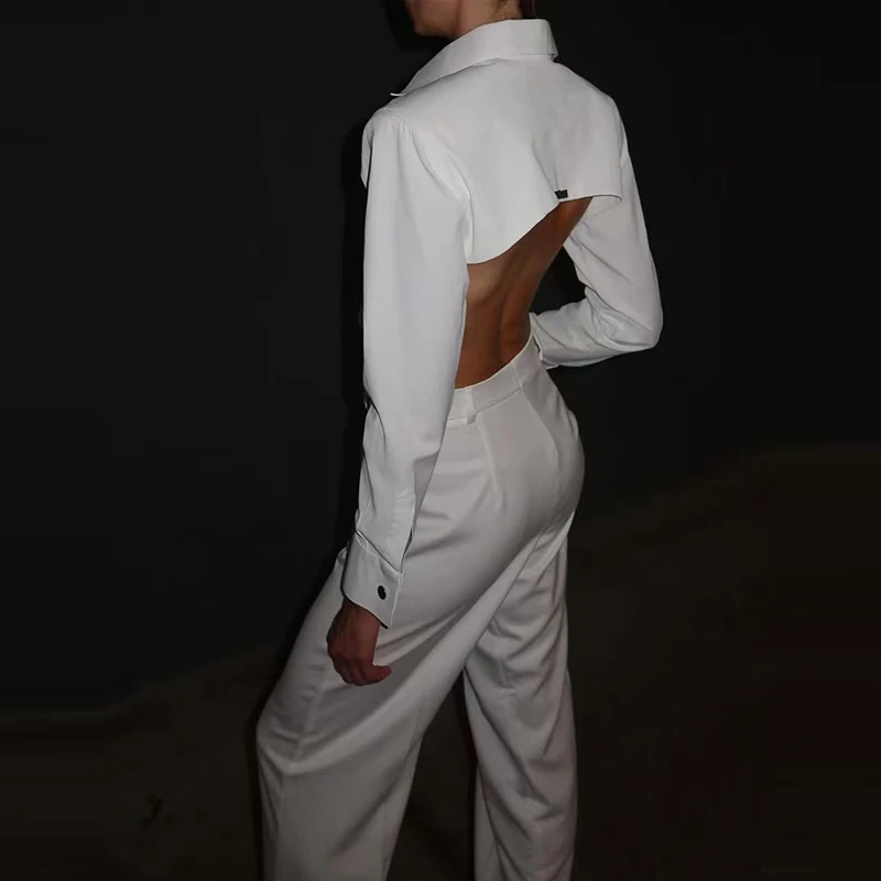 Mode Holle Backless Temperament 2 Delige Set Elegante Kantoor Outfit Vrouwen 2025 Knop Lange Mouw Top & Rechte broek Pak