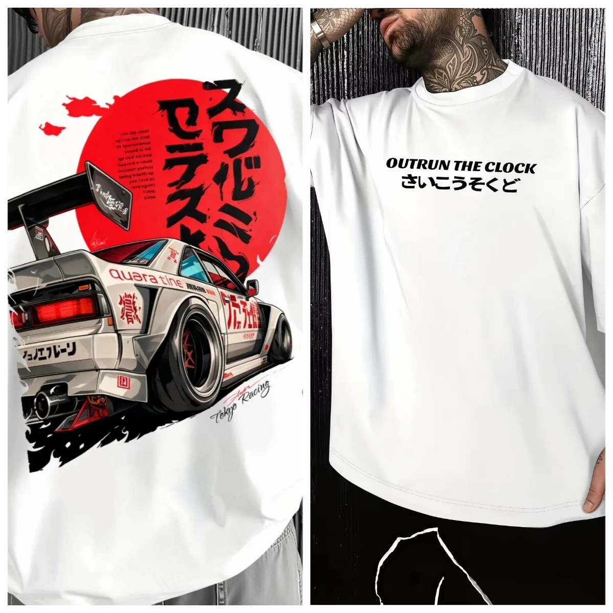 Family Matching T‑Shirt White Tokyo Racing JDM Car Back Print Japanese Red Sun Kanji Modified Drift Car Short Sleeve Tee Tops