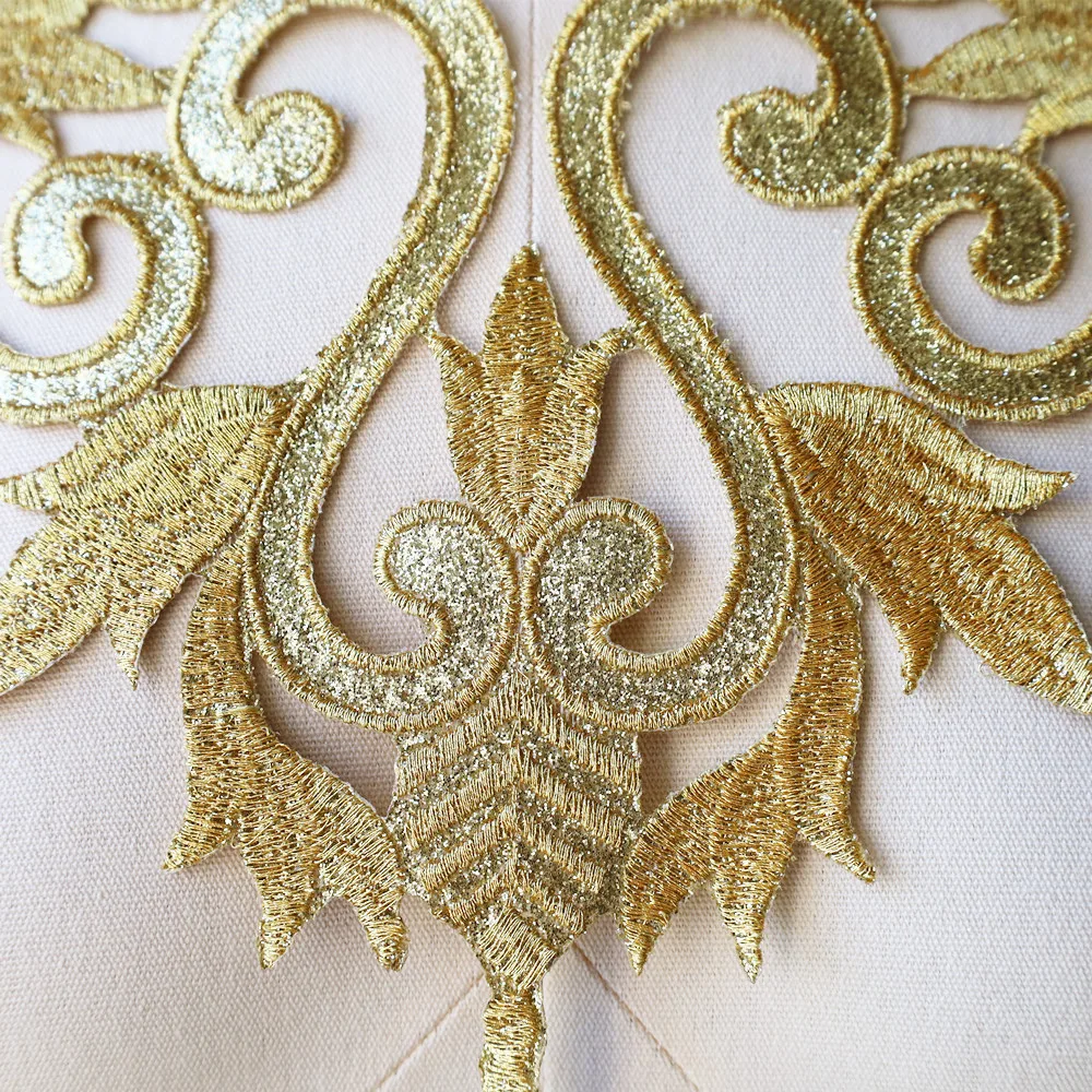 Gold Embroidery Sequin Baroque Flower Applique Fabric Collar Sew Iron Patch Wedding Bridal Gown Dress DIY Clothes Decor Crafts