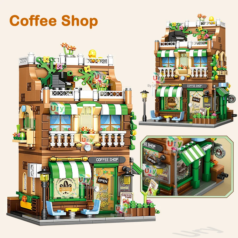 City Street View Modulair winkelcentrum Supermarkt Hotel Burger Coffee Shop Retro Flower House MOC Architectuur Bouwstenen voor kinderen