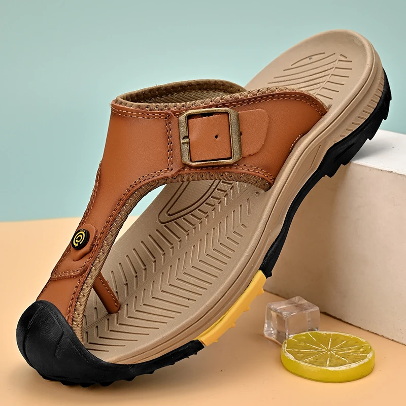 

Summer Men Sandals Genuine Leather Mens Casual Shoes Outdoor Men Leather Sandals for Men Beach Shoes Roman mens Shoes