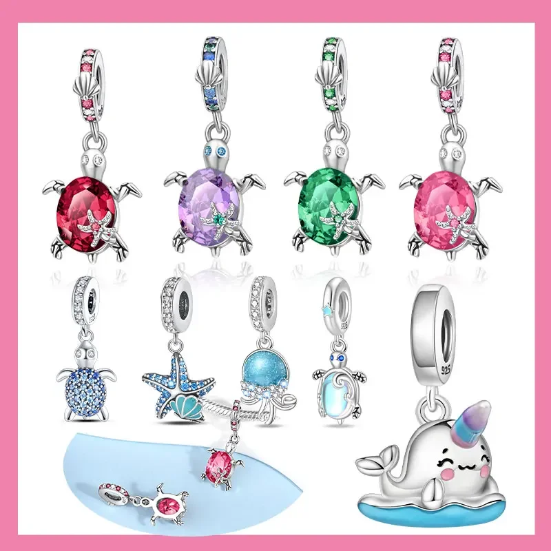 Original 925 Sterling Silver Glass Sea Turtle Dangle Charm Fit Women's Necklace DIY Bracelet Beads Jewelry Commemorative Gifts