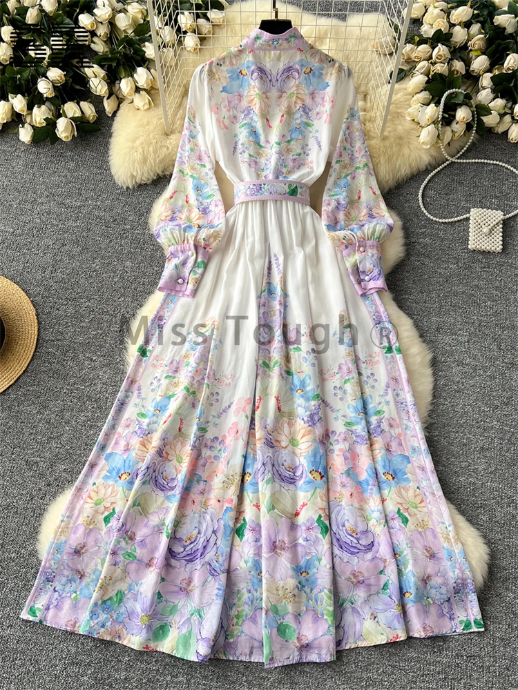 Frence Fashion Senior Elegant Floral Print Dress Women Long Sleeve Button Belt Design Dressess Slim Fit Vintage Chic Style 2024