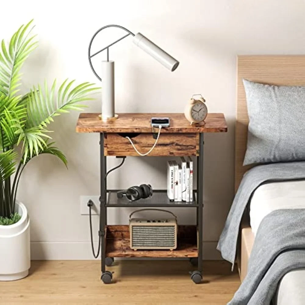 Table with Charging Station, Side Table Narrow Flip Top with Power Outlets & USB Ports, Storage Shelves for Small Spaces
